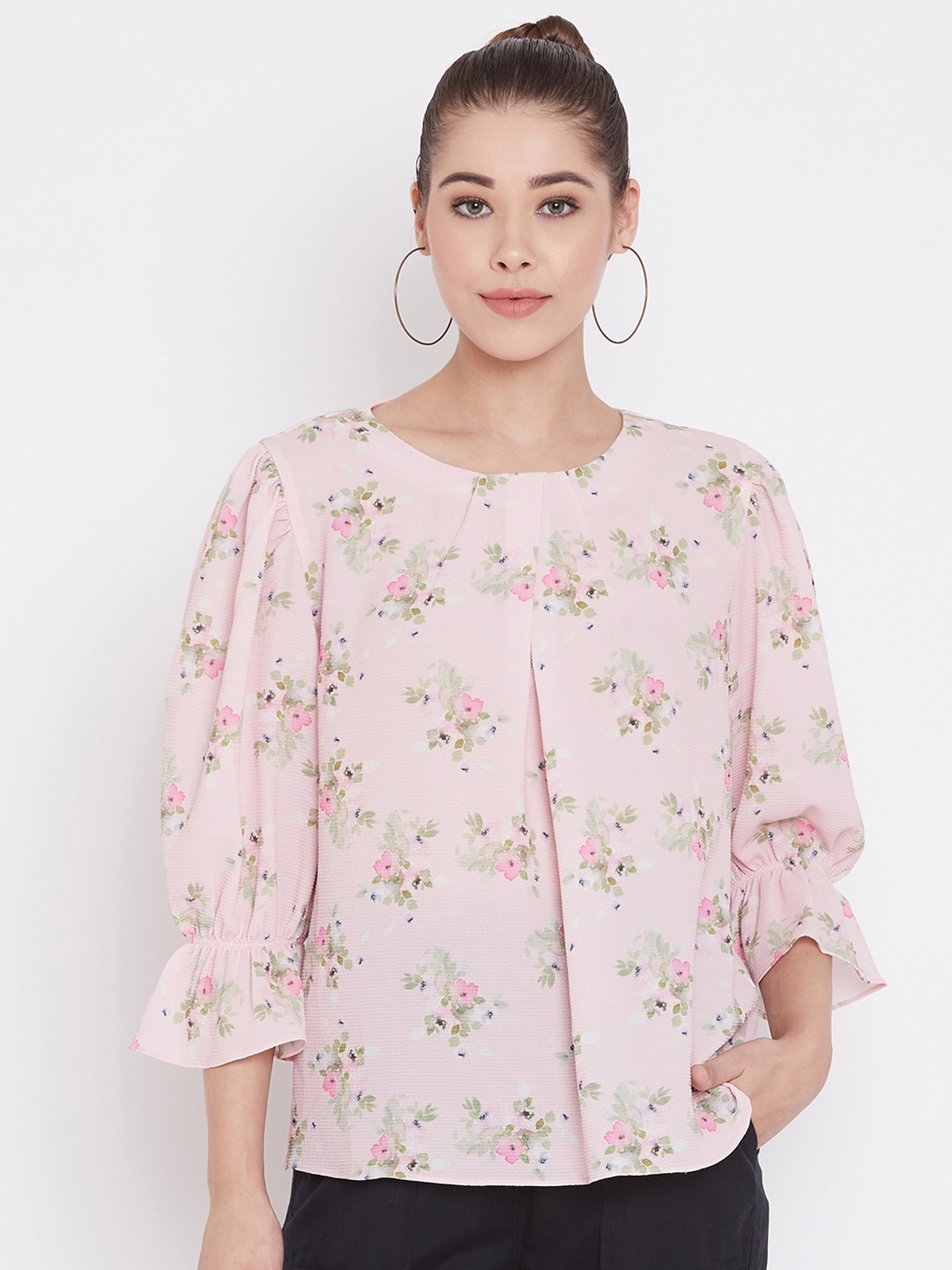 

Madame Pink & Green Floral Printed Georgette Top