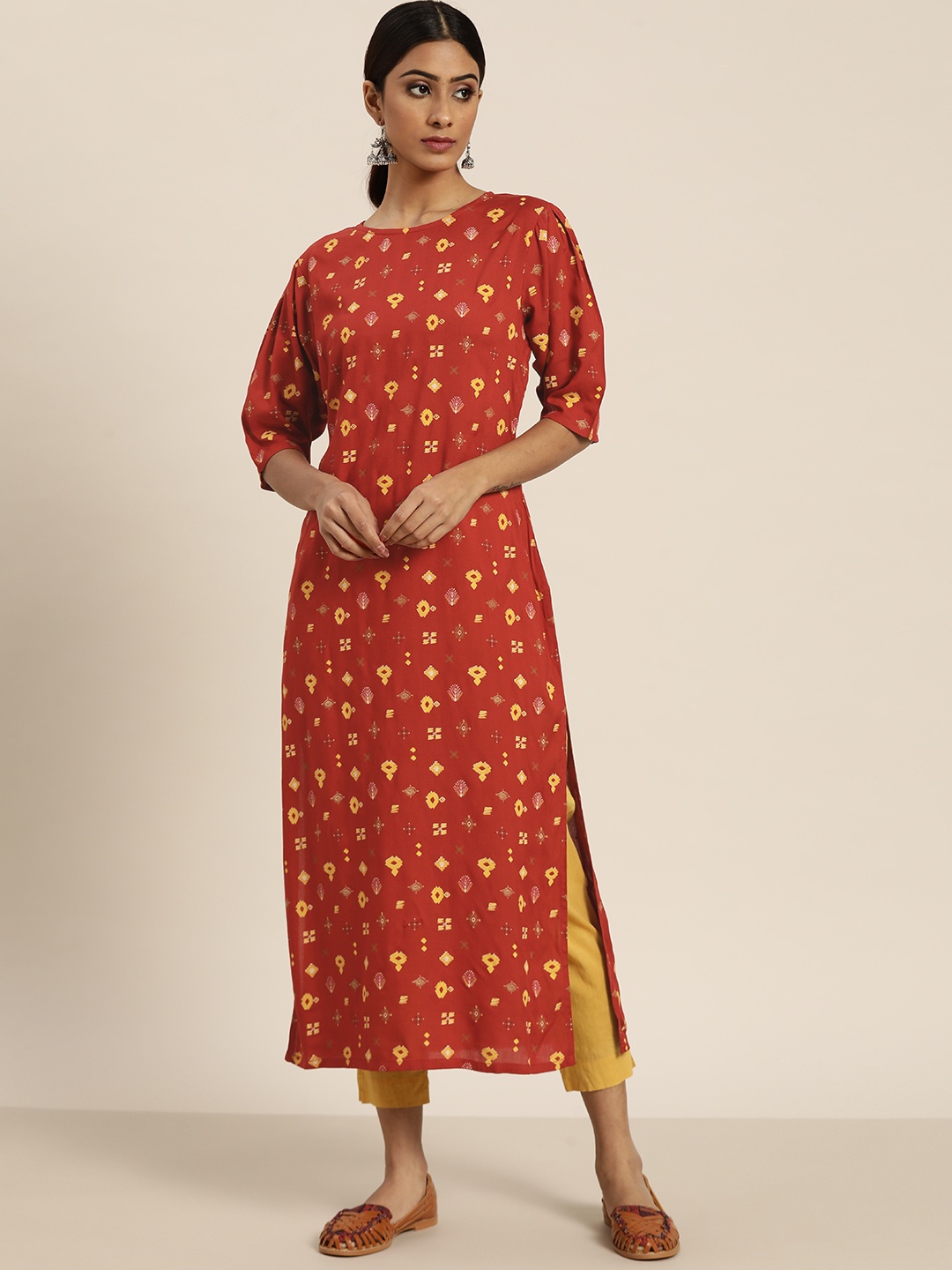 

Moda Rapido Women Red & Yellow Geometric Pure Cotton Printed Kurta