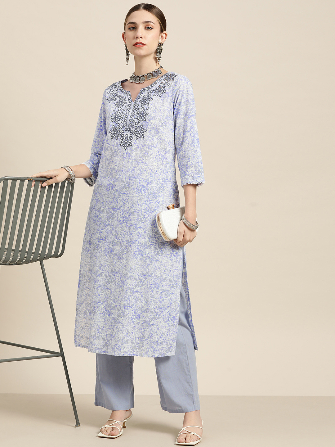 

Moda Rapido Women Blue Yoke Design Mirror Work Pure Cotton Regular Kurta with Palazzos