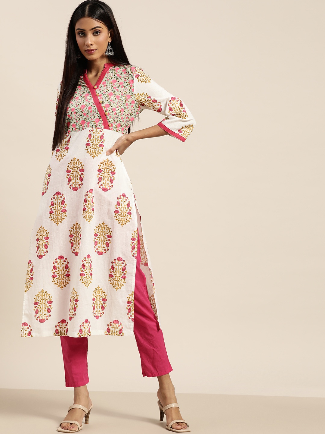 

Moda Rapido Women White & Green Pure Cotton Floral Print Kurta