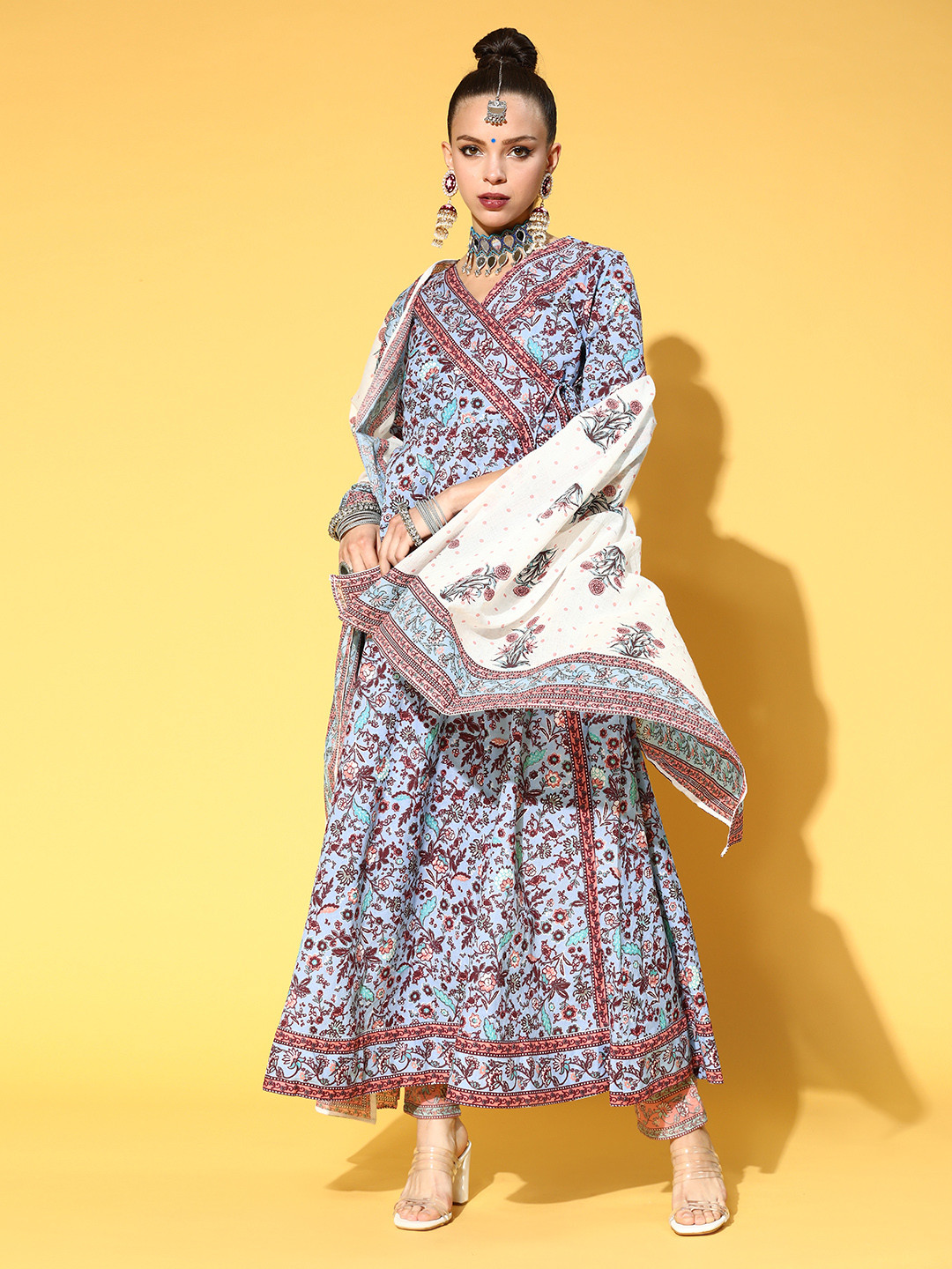 

Moda Rapido Women Blue Printed Angrakha Pure Cotton Kurta with Trousers & Dupatta