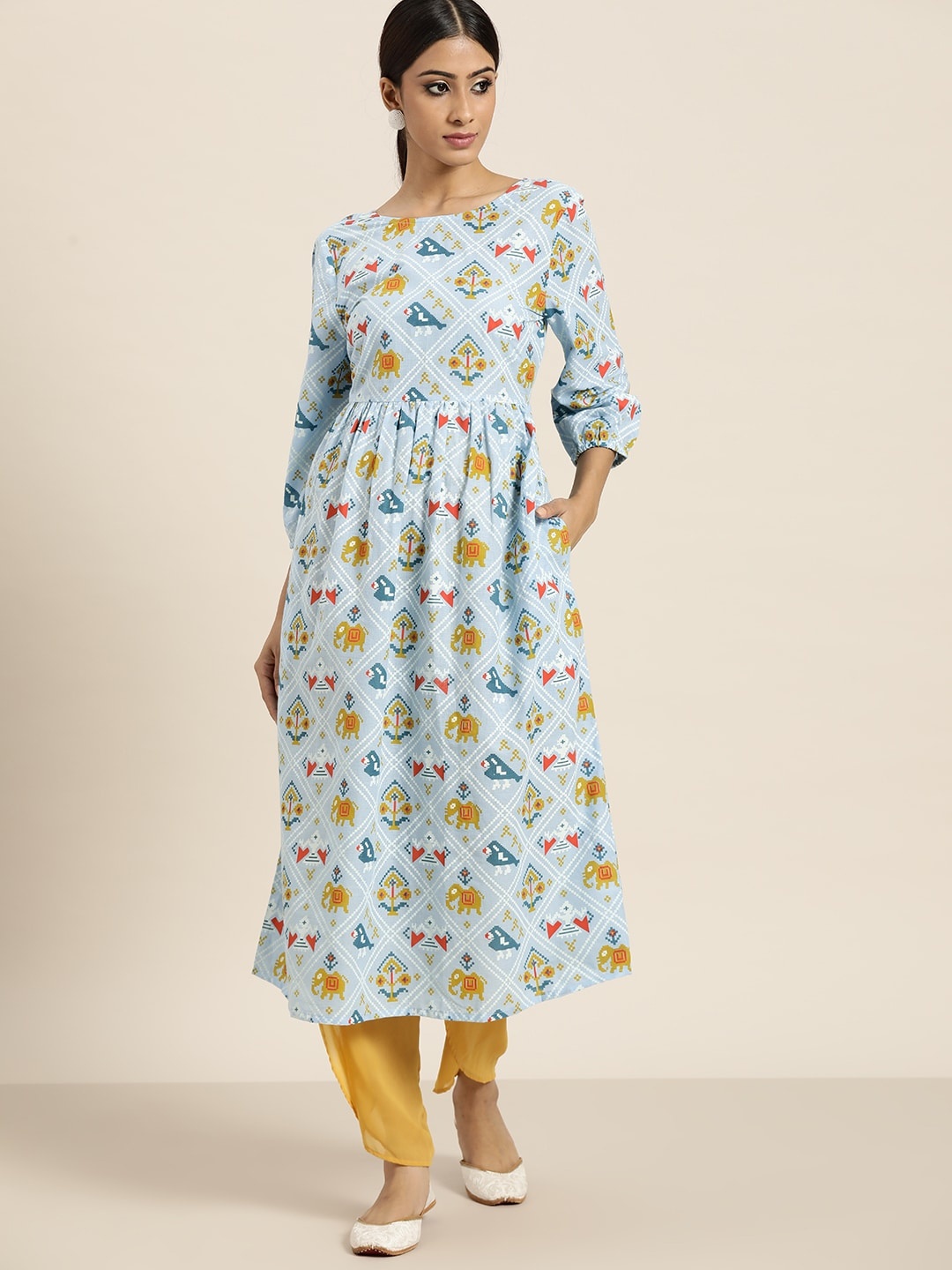 

Moda Rapido Women Blue & Mustard Yellow Ethnic Motifs Print Gathered Cotton A-line Kurta