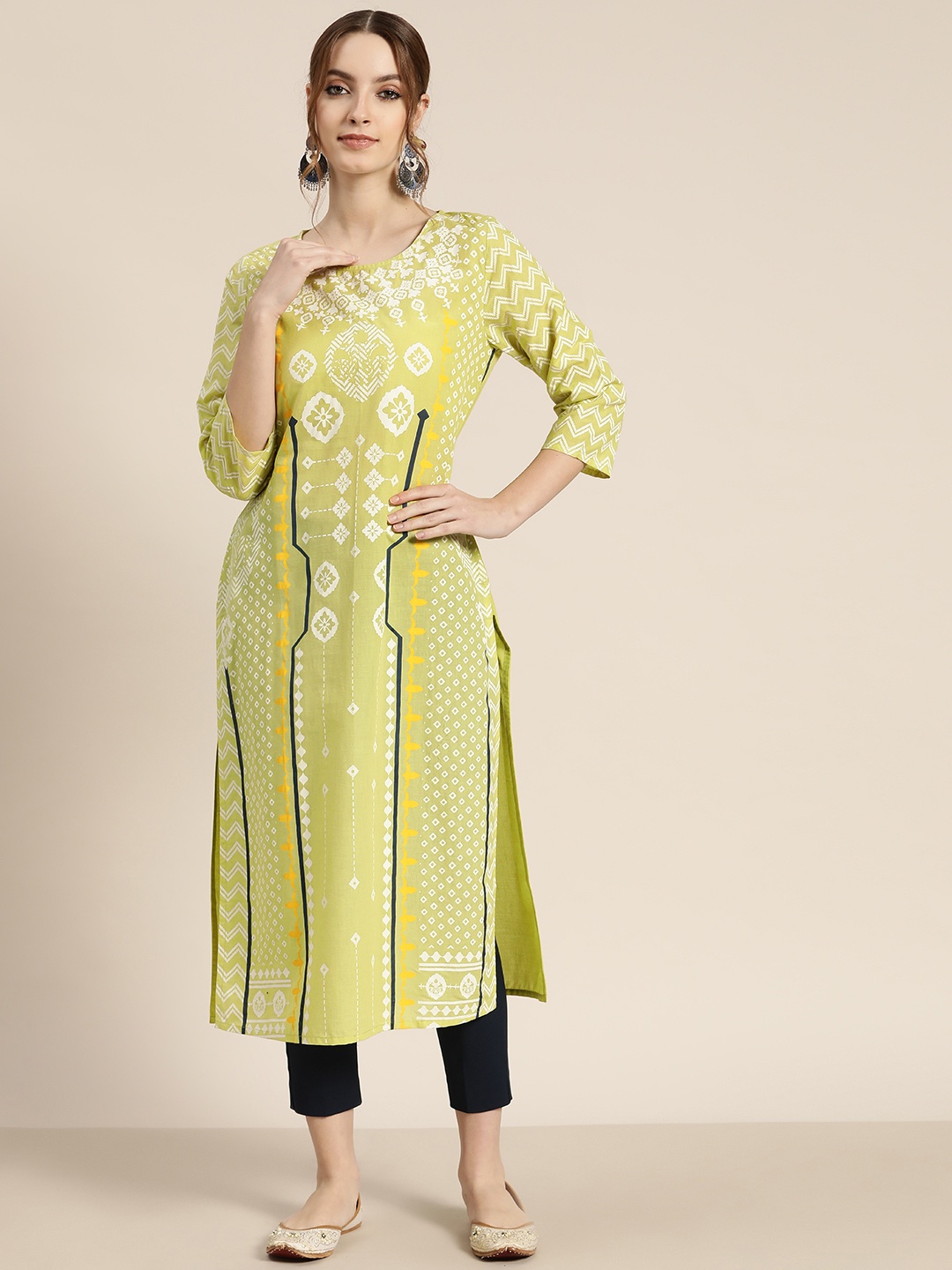 

Moda Rapido Women Lime Green & White Pure Cotton Ethnic Motifs Printed Straight Kurta