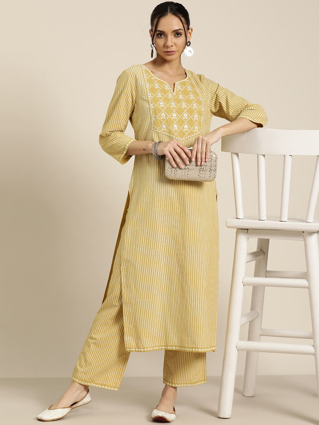 

Moda Rapido Women Mustard Yellow & White Striped Pure Cotton Kurta with Palazzos