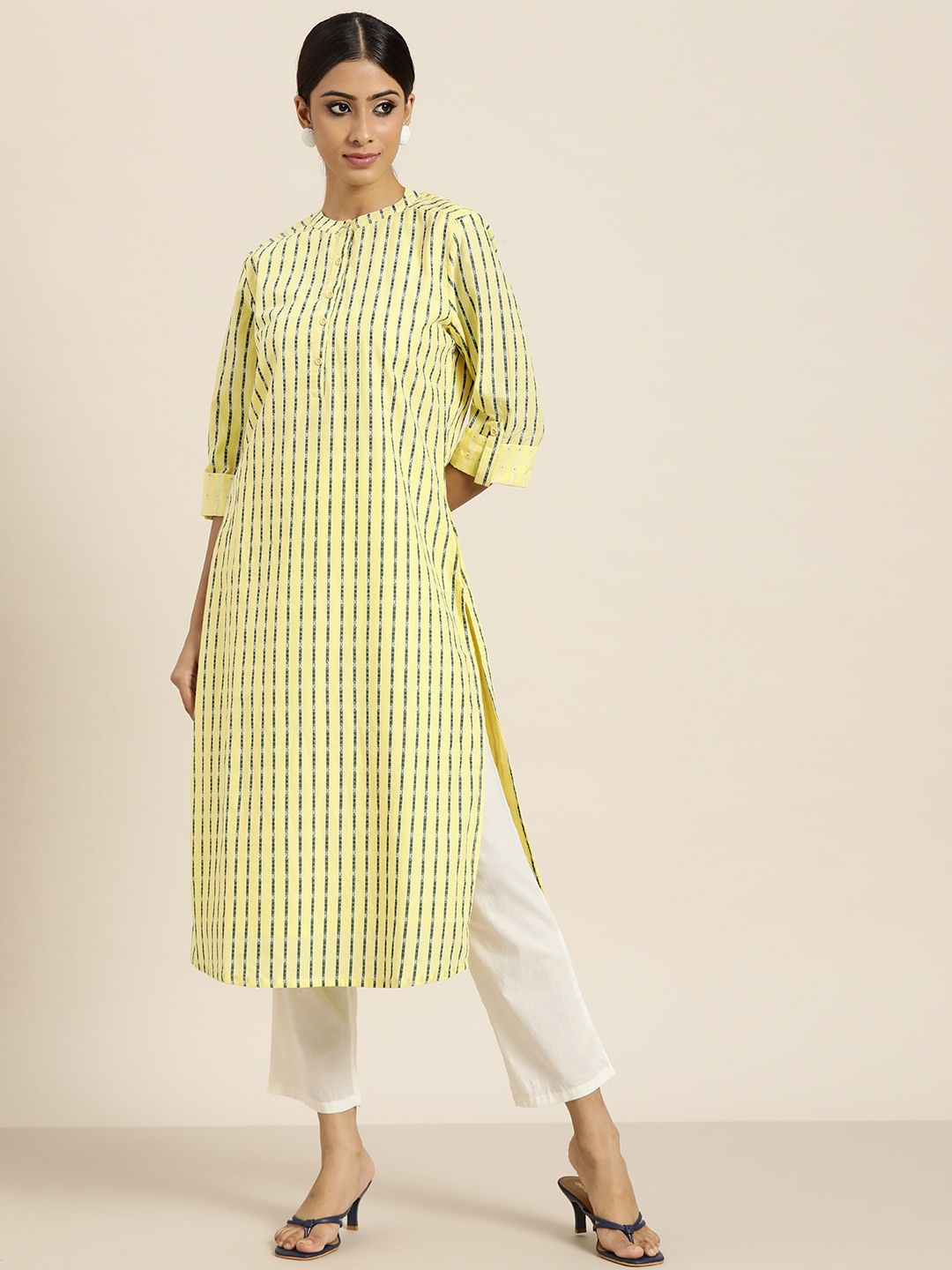 

Moda Rapido Women Yellow & Green Pure Cotton Striped Kurta