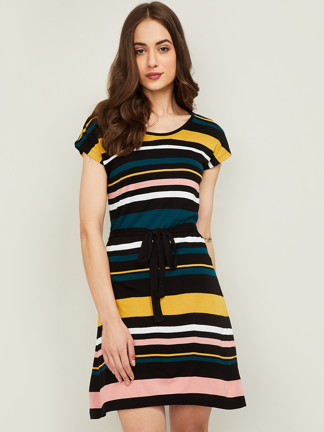 

Bossini Women Black & Yellow Striped T-shirt Dress