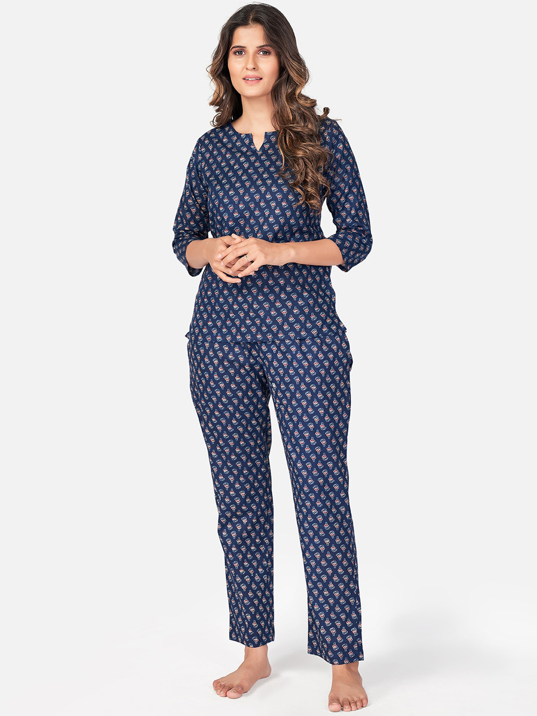 

Vbuyz Women Blue Floral Printed Pure Cotton Night Suit
