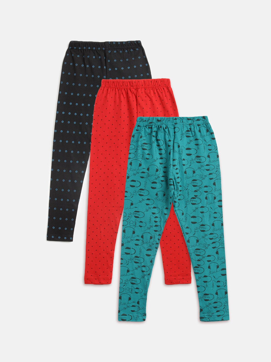 

Kids On Board Girls Pack Of 3 Printed Cotton Leggings, Black
