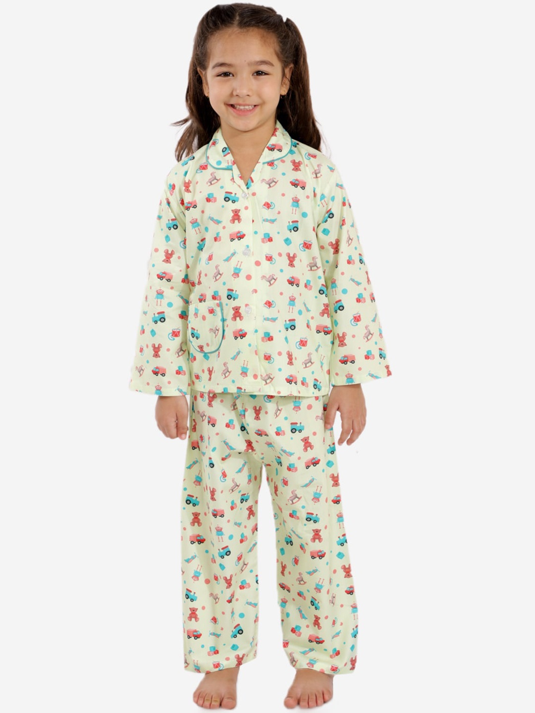 

KID1 Girls Yellow Conversational Printed Pure Cotton Night Suit