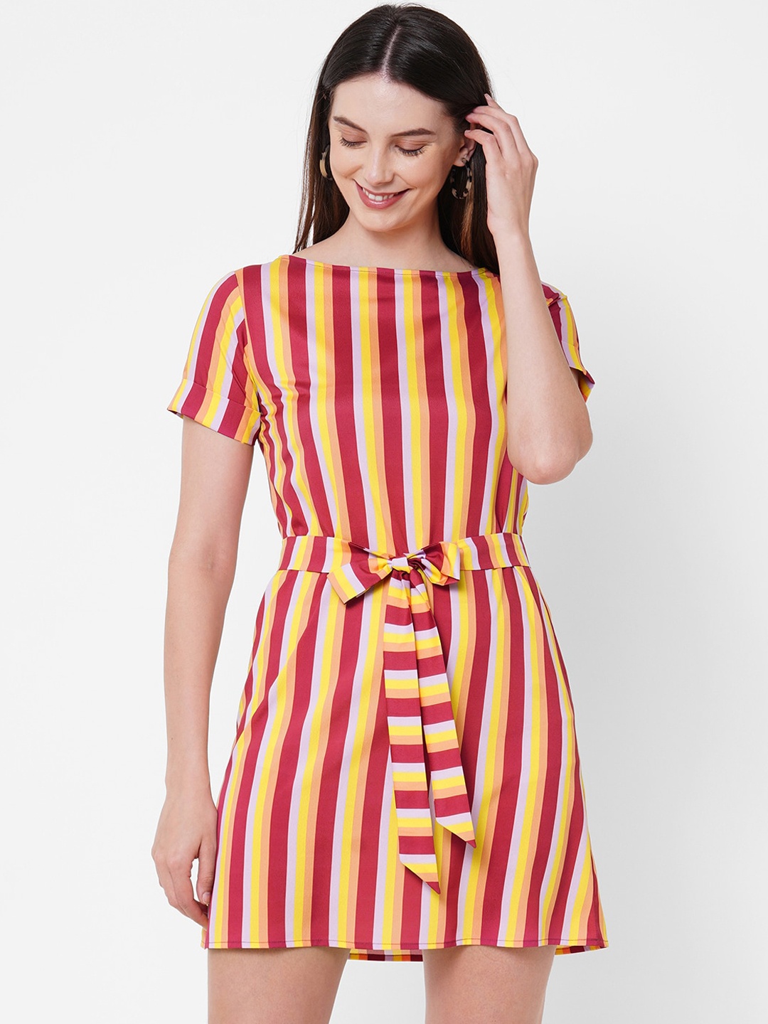 

MISH Women Red & Yellow Striped Belted Crepe A-Line Dress