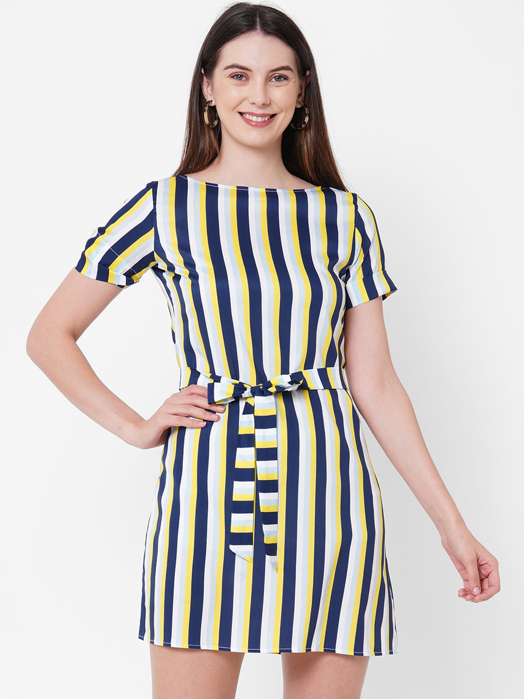 

MISH Women Navy Blue & White Striped Belted Crepe A-Line Dress