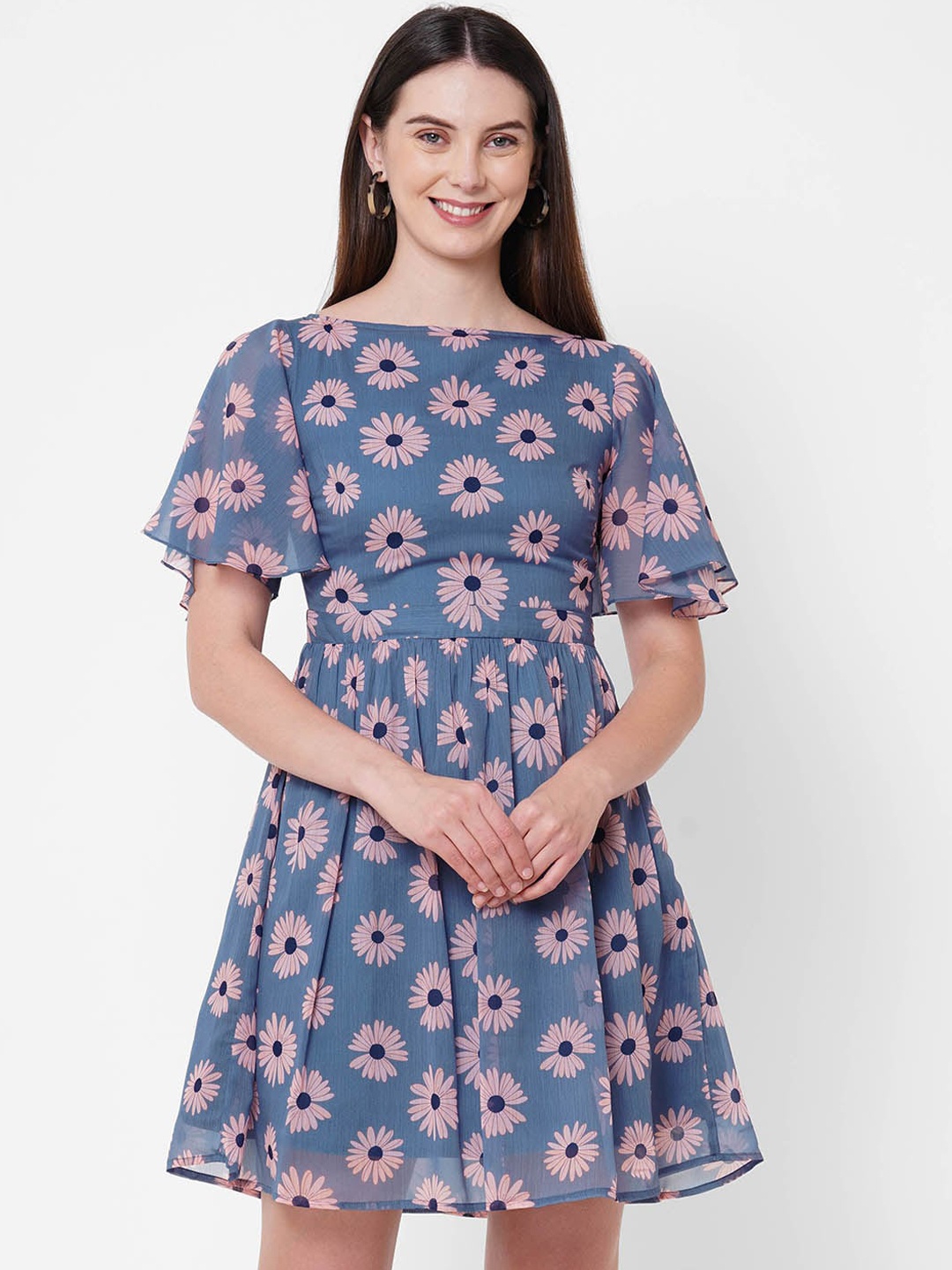 

MISH Women Blue & Pink Floral Printed Chiffon Dress