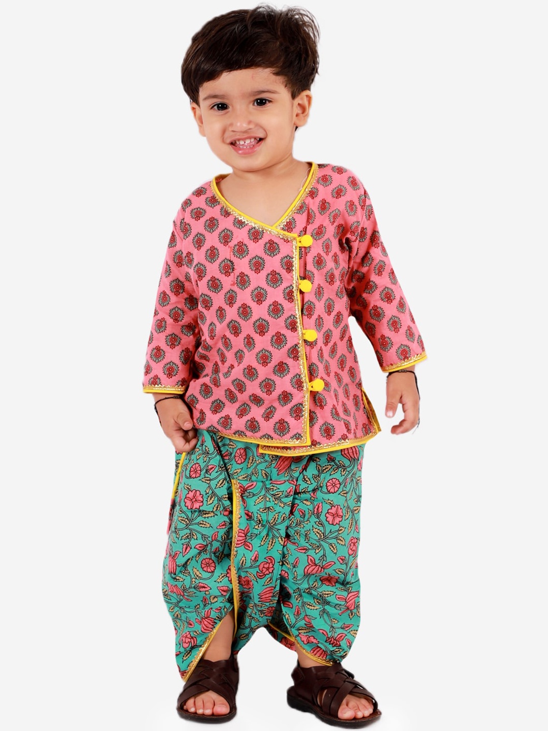 

KID1 Boys Peach-Coloured Floral Printed Pure Cotton Kurti with Dhoti Pants