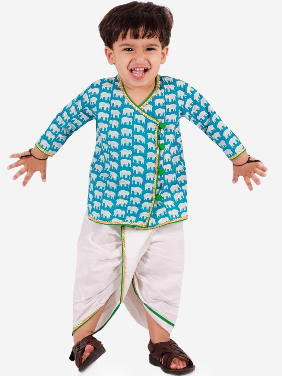 

KID1 Boys Blue Ethnic Motifs Printed Angrakha Pure Cotton Kurti with Dhoti Pants
