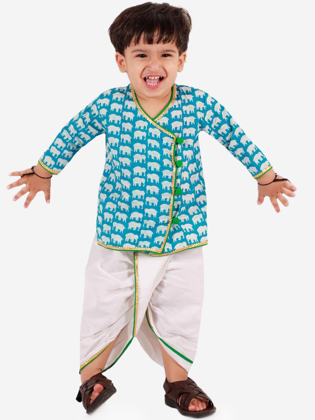 

KID1 Boys Blue Ethnic Motifs Printed Angrakha Pure Cotton Kurti with Dhoti Pants