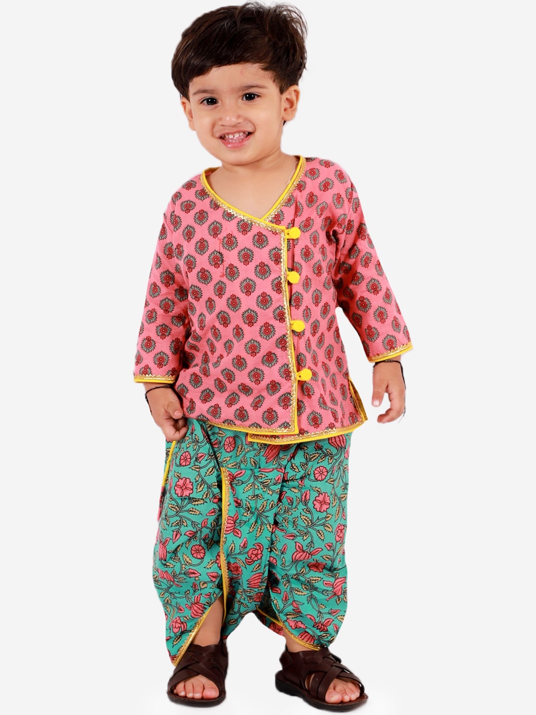 

KID1 Boys Peach-Coloured Floral Printed Regular Pure Cotton Kurti with Dhoti Pants