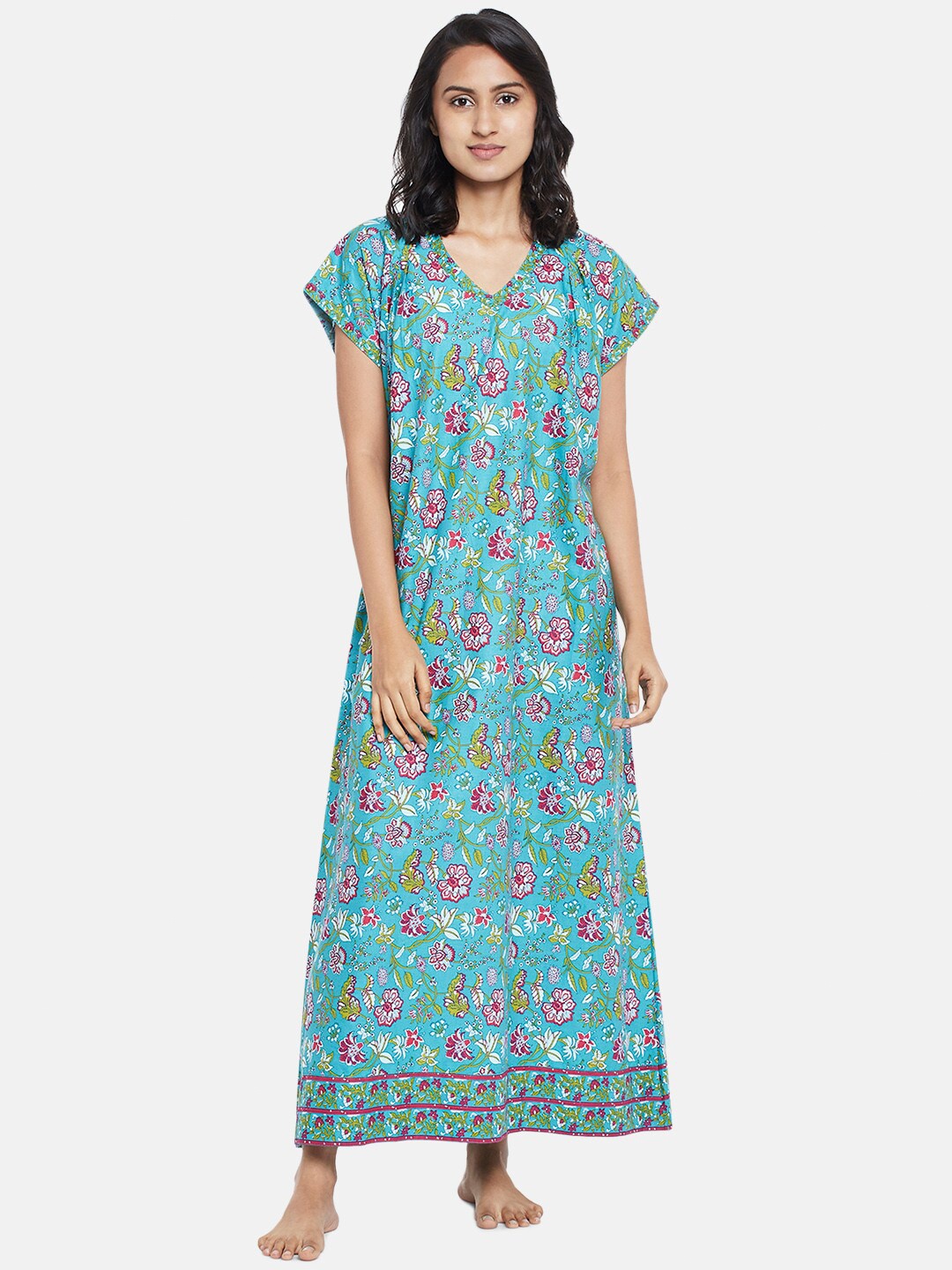 

RANGMANCH BY PANTALOONS Turquoise Blue Printed Maxi Nightdress