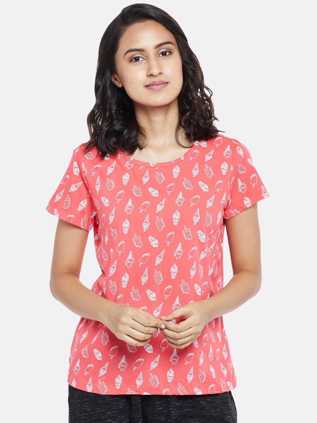 

Dreamz by Pantaloons Women Pink & White Printed Cotton Lounge T-shirt