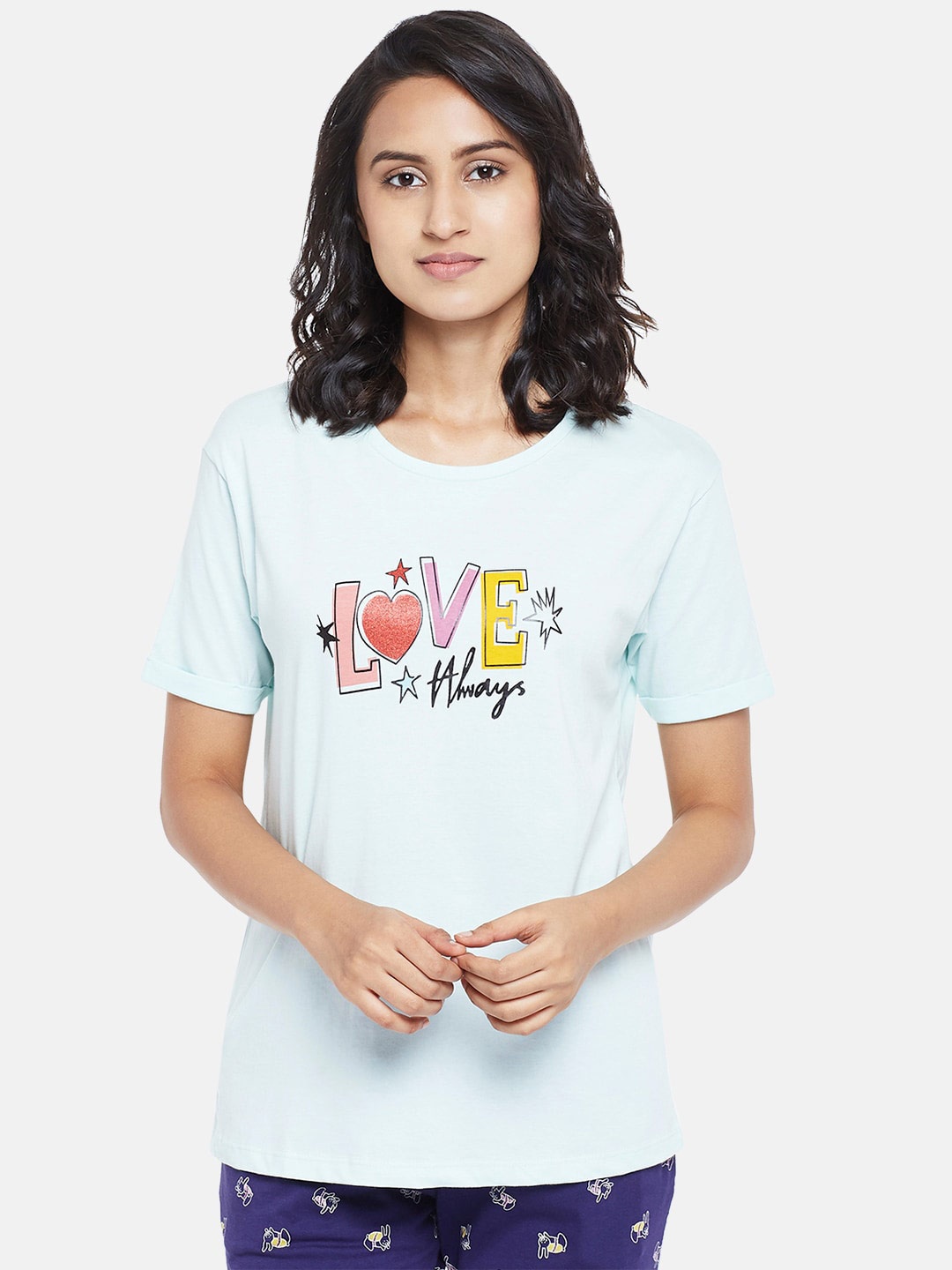 

Dreamz by Pantaloons Women Blue & Pink Typography Printed Cotton Lounge T-shirt
