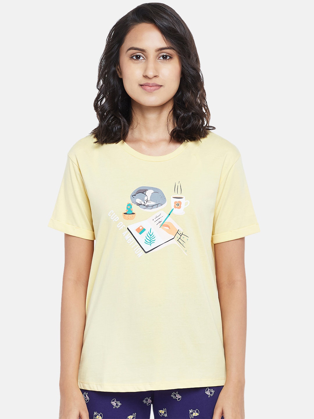 

Dreamz by Pantaloons Women Mustard Yellow & White Printed Cotton Lounge T-shirt