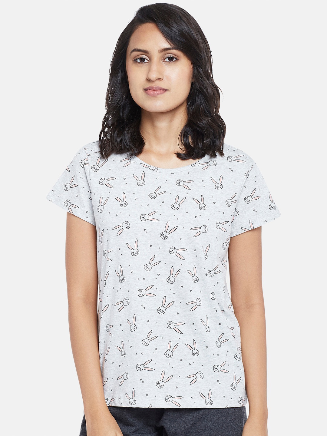 

Dreamz by Pantaloons Women Grey & Black Conversational Printed Cotton Lounge T-shirt