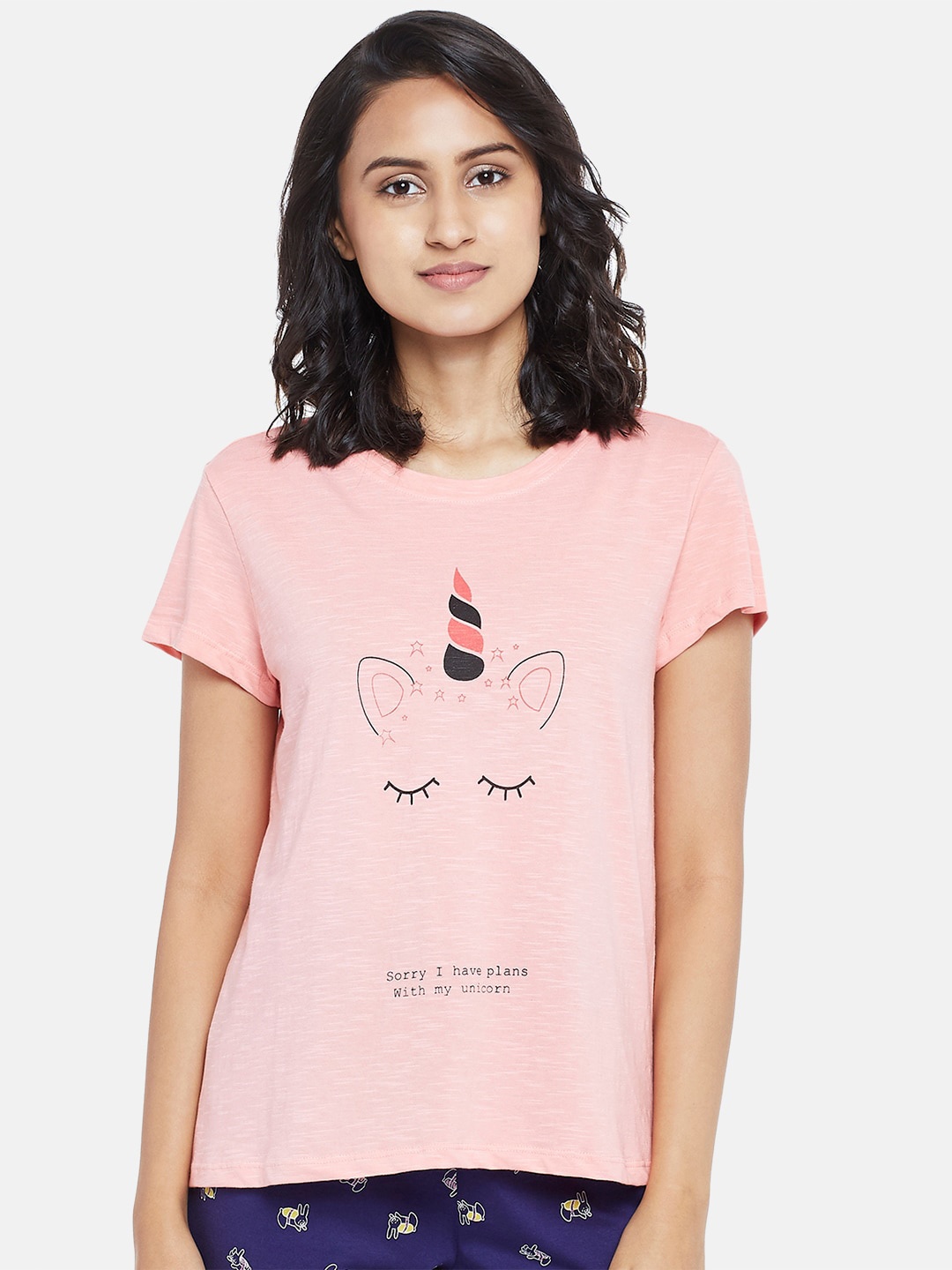 

Dreamz by Pantaloons Women Pink & Black Printed Cotton Lounge T-shirt