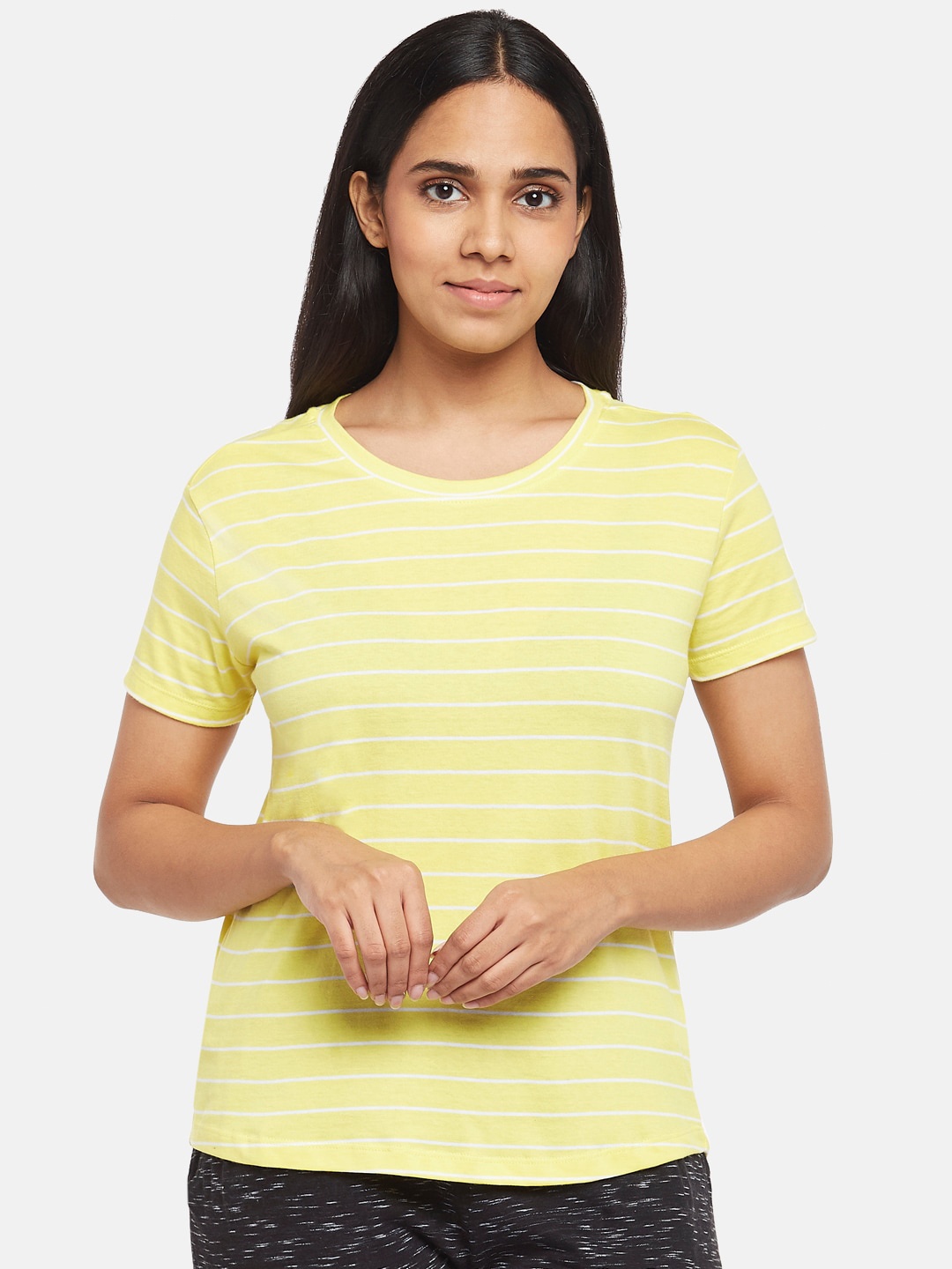 

Dreamz by Pantaloons Yellow & White Striped Cotton Lounge T-shirt