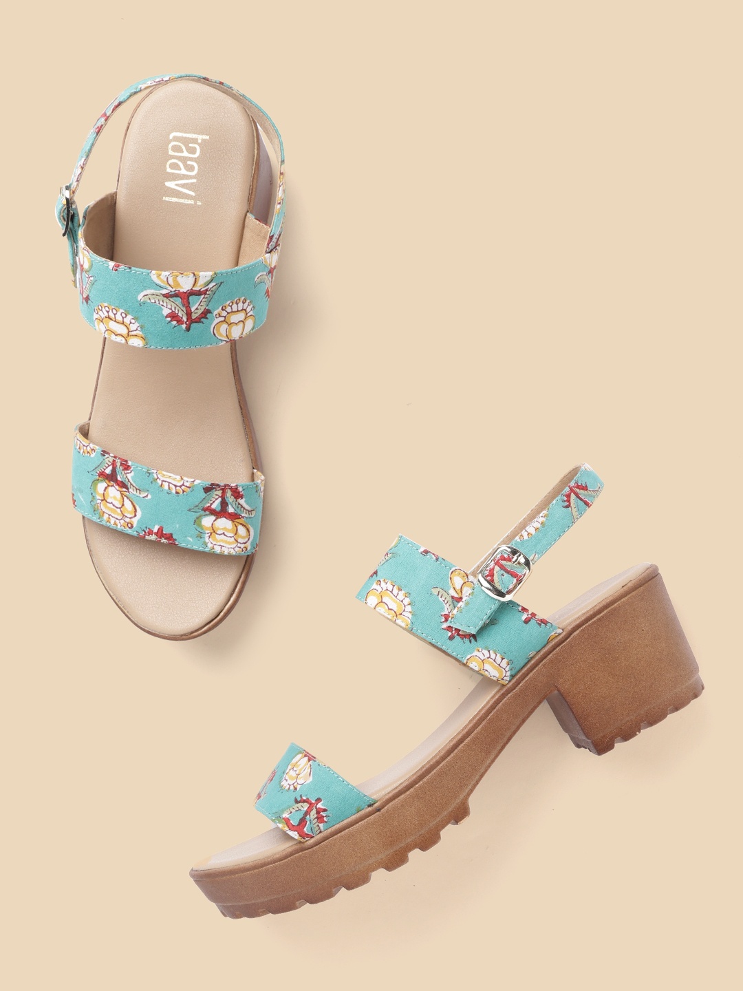 

Taavi Women Turquoise Blue & White Ethnic Printed Open Toe Platform Heels