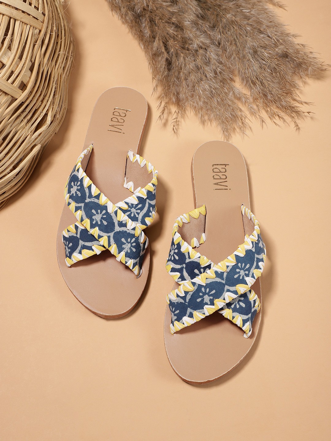 

Taavi Women Blue & Off-White Ethnic Printed Open-Toe Flats