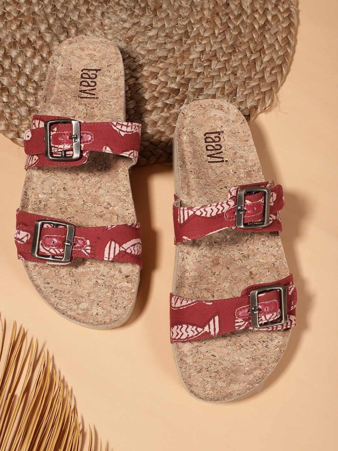 

Taavi Women Maroon & Beige Ethnic Printed Open Toe Flats with Buckle Detail