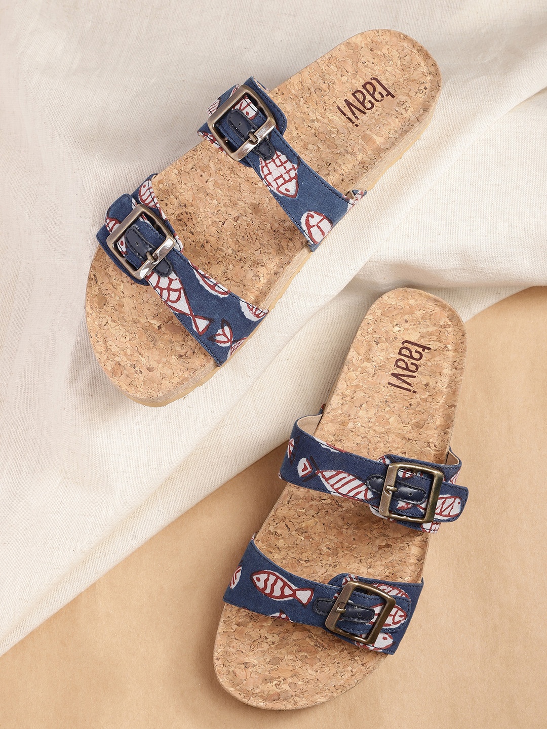 

Taavi Women Navy Blue & Off-White Ethnic Printed Open Toe Flats with Buckle Detail