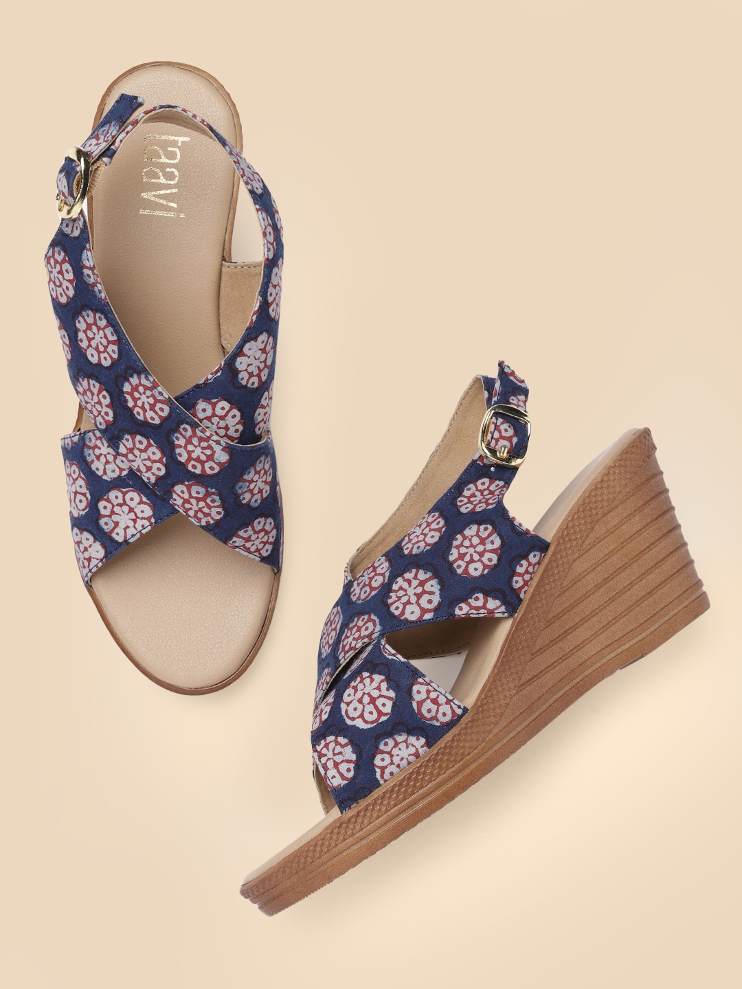 

Taavi Women Navy Blue & Red Printed Open Toe Wedges