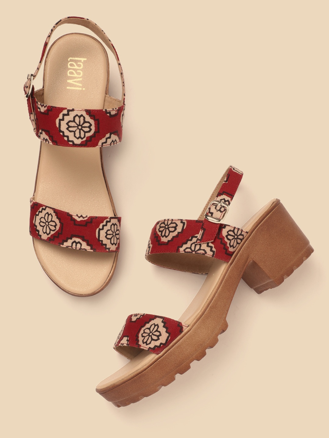 

Taavi Women Maroon & Beige Ethnic Printed Open Toe Platform Heels