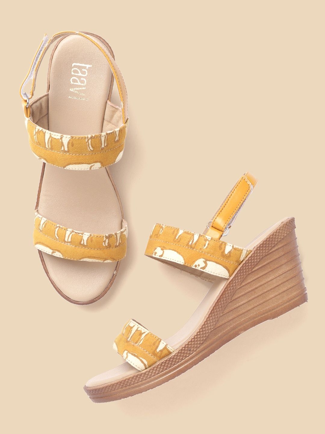 

Taavi Women Mustard Yellow Ethnic Printed Open Toe Wedges