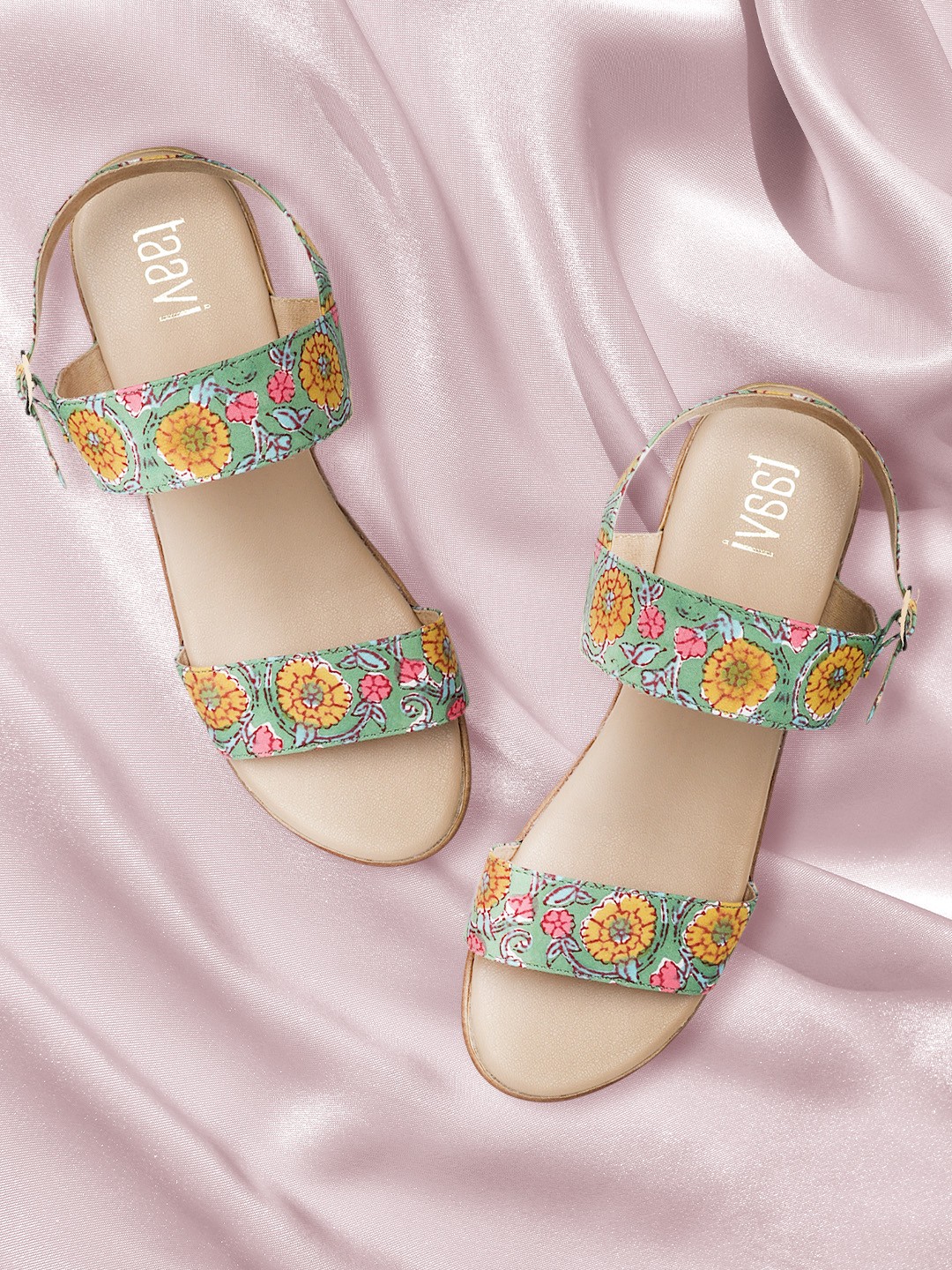 

Taavi Women Green & Yellow Floral Printed Open Toe Platforms