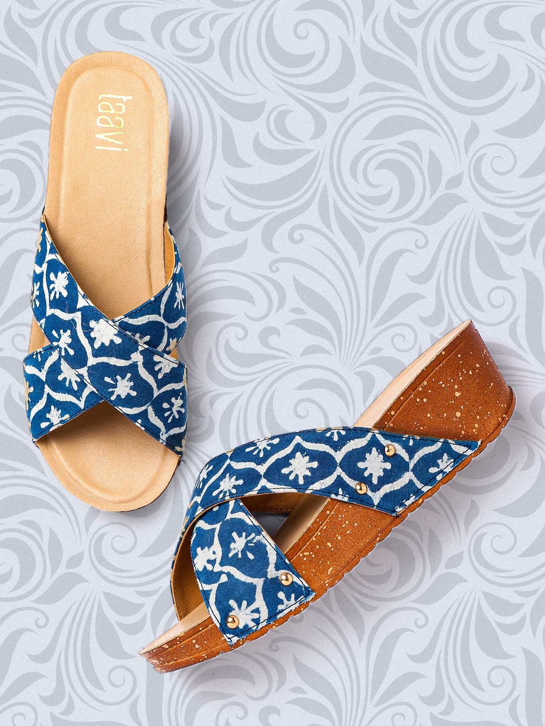 

Taavi Women Navy Blue & Grey Ethnic Motifs Printed Wedges with Criss-Cross Detail
