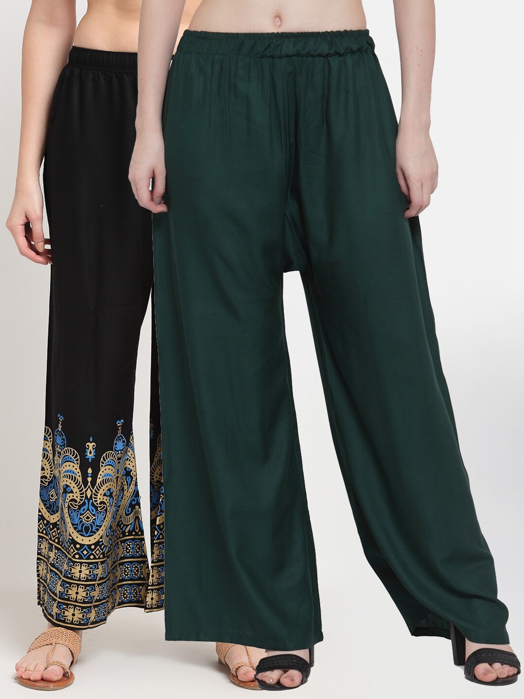 

TAG 7 Women Pack of 2 Green & Black Wide-Leg Palazzos