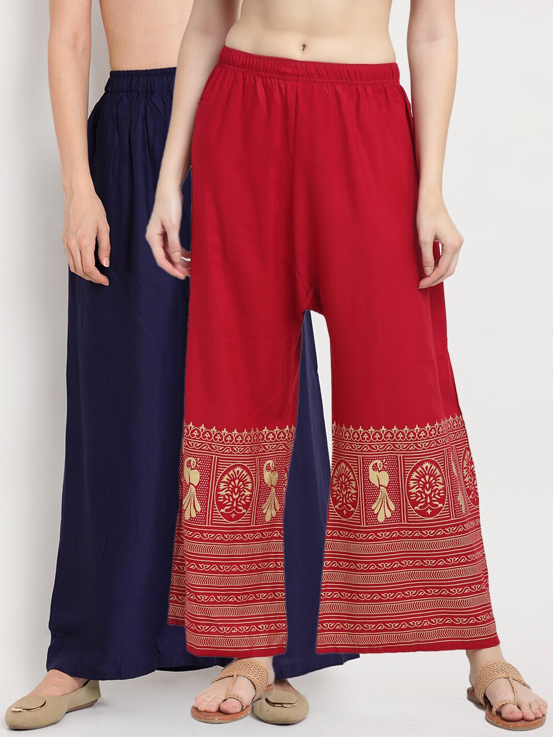 

TAG 7 Women Pack of 2 Navy Blue & Red Solid Wide Leg Palazzos