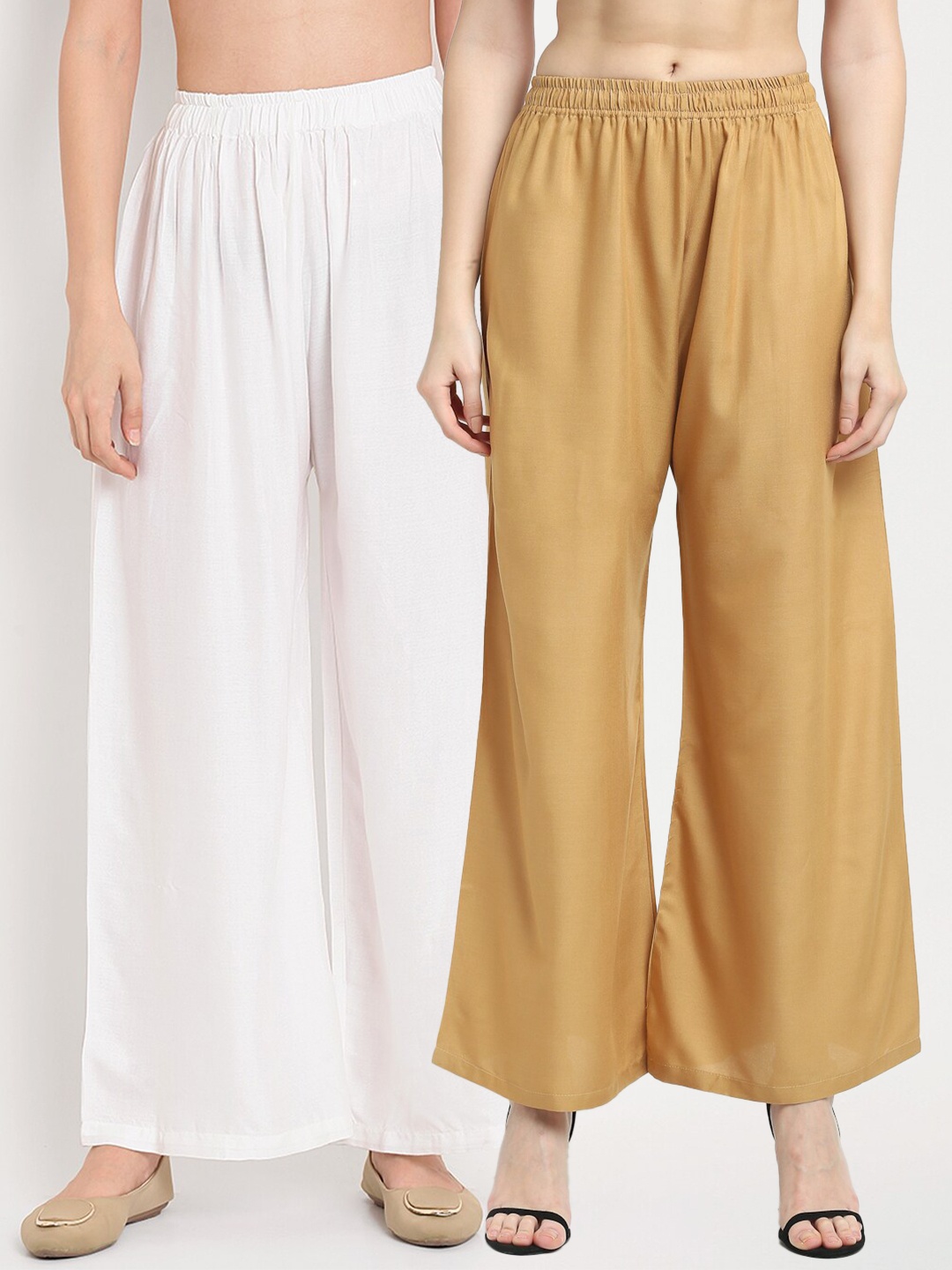 

TAG 7 Women Pack of 2 White & Beige Solid Wide-Leg Palazzos