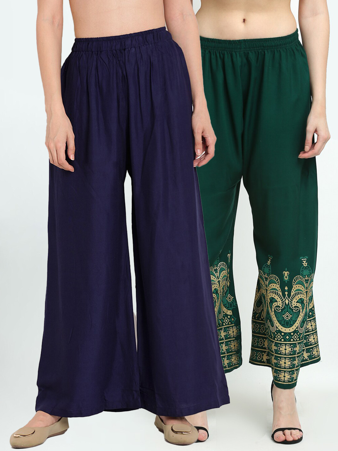 

TAG 7 Women Pack of 2 Green & Navy Blue Wide-Leg Palazzos