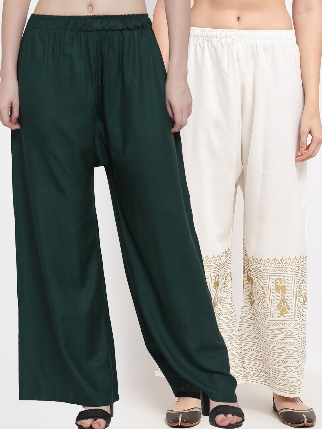 

TAG 7 Women Pack of 2 Green & Off White Solid Wide Leg Palazzos