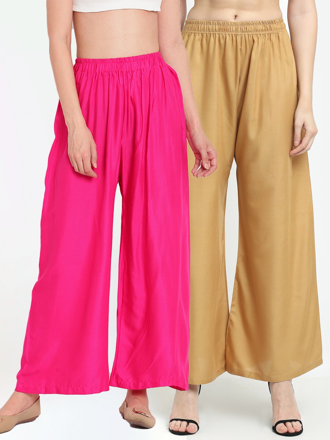 

TAG 7 Women Pack of 2 Pink & Beige Solid Wide-Leg Palazzos