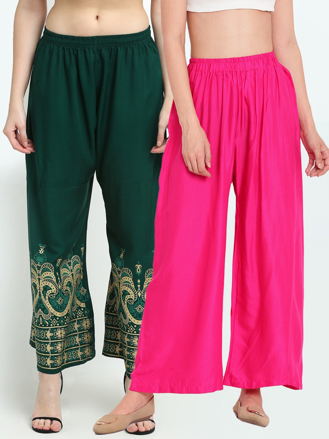 

TAG 7 Women Pack of 2 Green & Pink Wide-Leg Palazzos