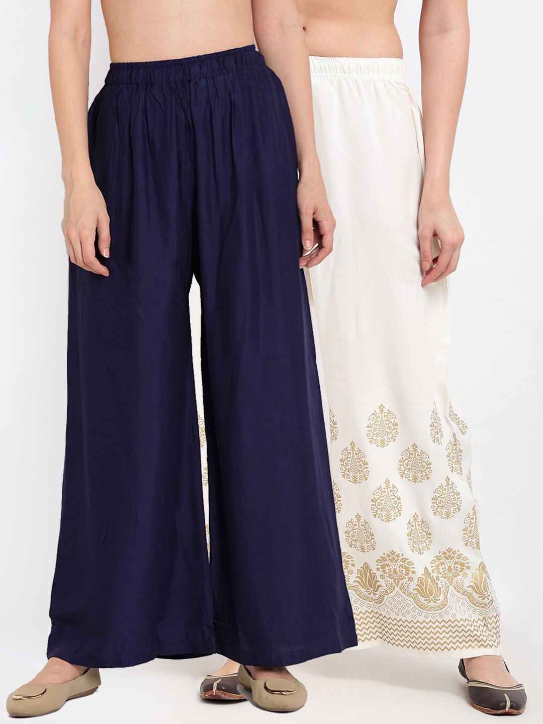 

TAG 7 Women Pack of 2 Navy Blue & White Wide-Leg Palazzos