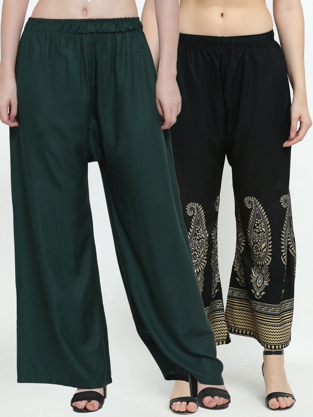 

TAG 7 Women Pack of 2 Green & Black Wide-Leg Palazzos