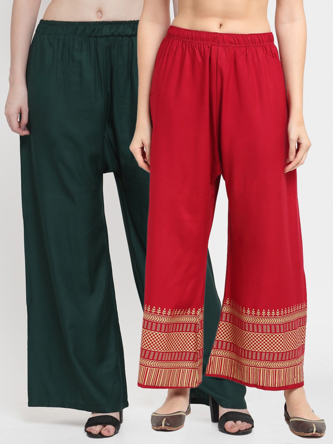 

TAG 7 Women Pack of 2 Green & Maroon Wide-Leg Palazzos