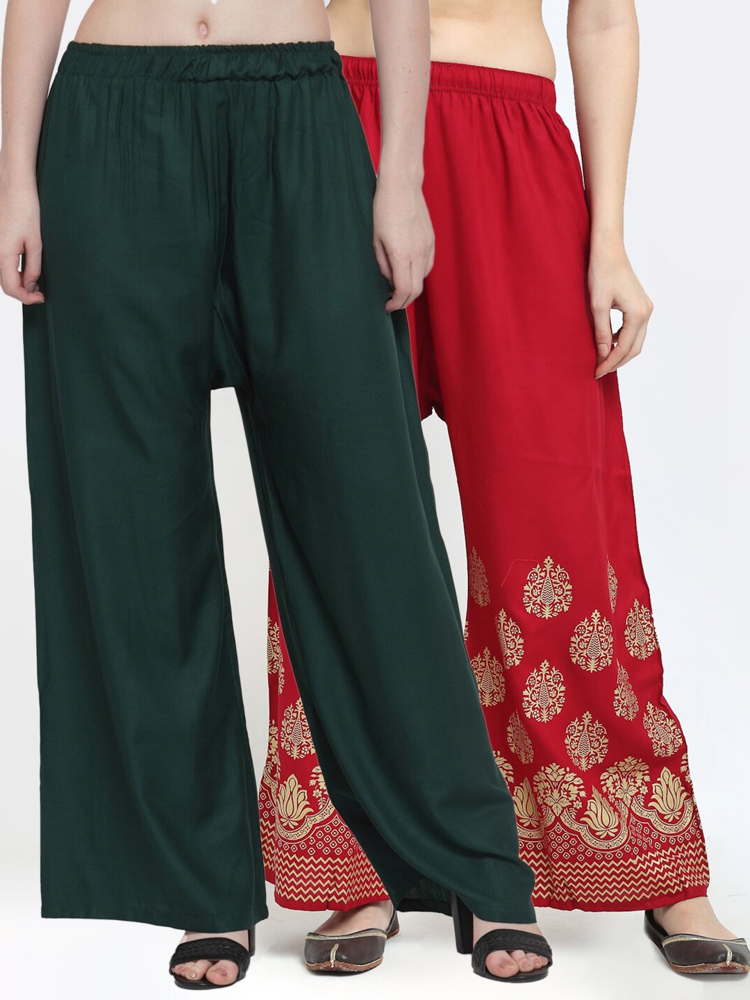 

TAG 7 Women Pack of 2 Green & Red Wide-Leg Palazzos