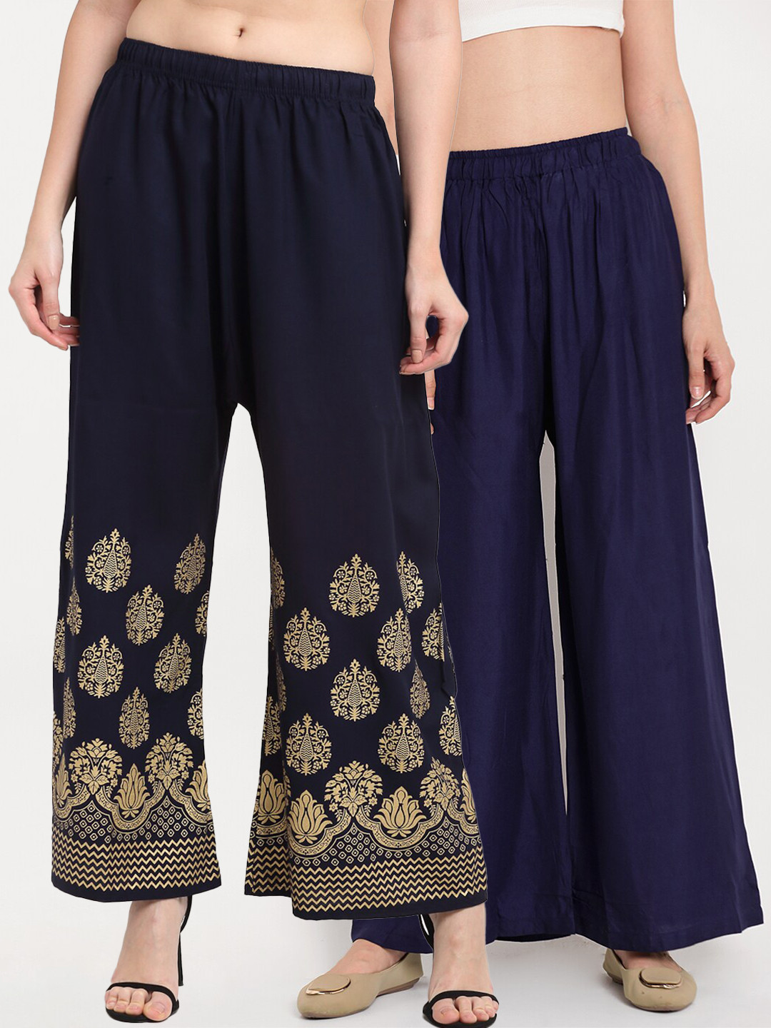 

TAG 7 Women Pack of 2 Navy Blue & Gold Wide-Leg Palazzos