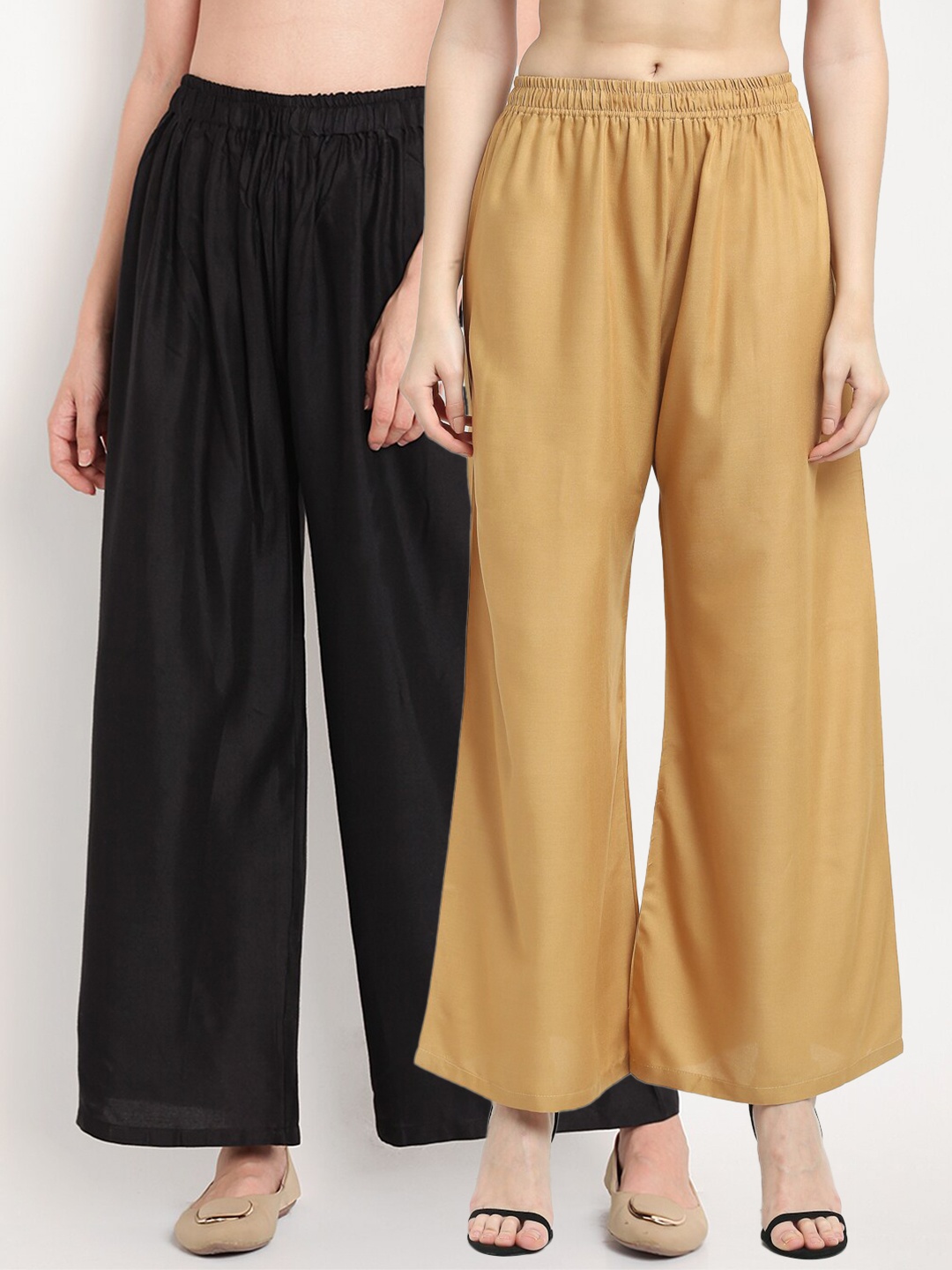

TAG 7 Women Pack of 2 Black & Beige Solid Wide-Leg Palazzos