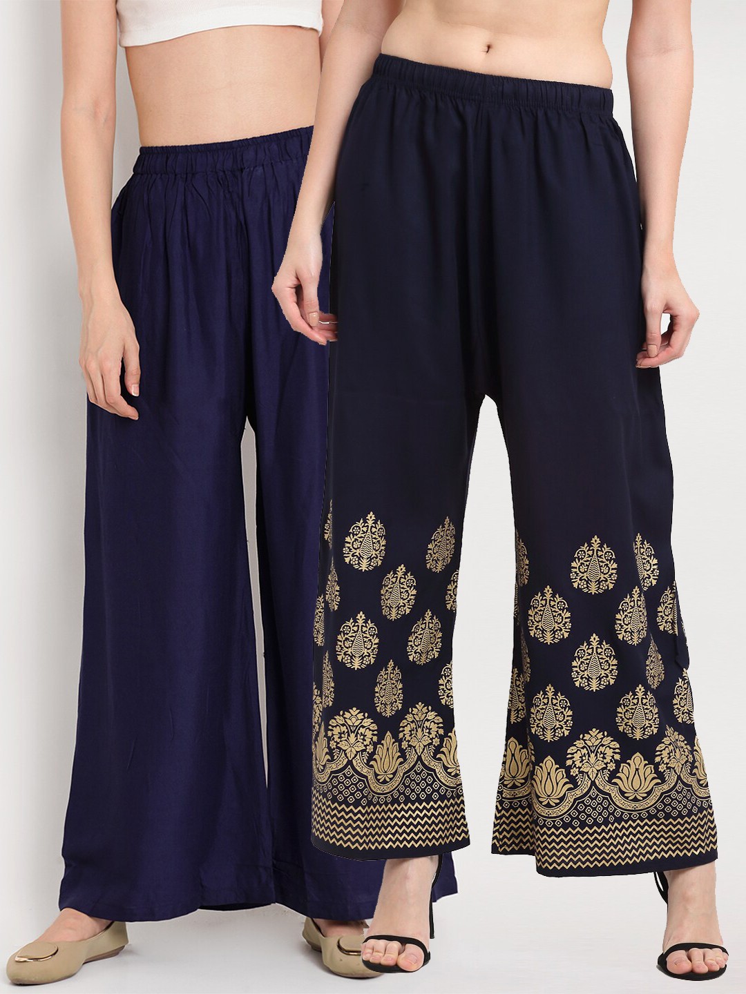 

TAG 7 Women Pack of 2 Navy Blue & Black Printed Flared Palazzos